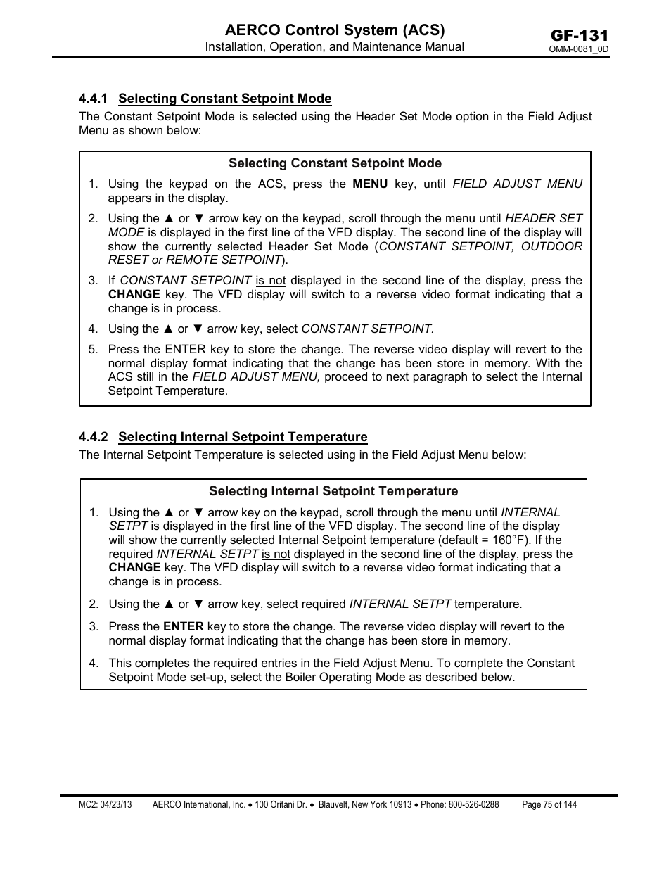 1 selecting constant setpoint mode, 2 selecting internal setpoint temperature, Selecting constant setpoint mode | Selecting internal setpoint temperature, Gf-131 aerco control system (acs) | AERCO Control System (ACS) User Manual | Page 75 / 144