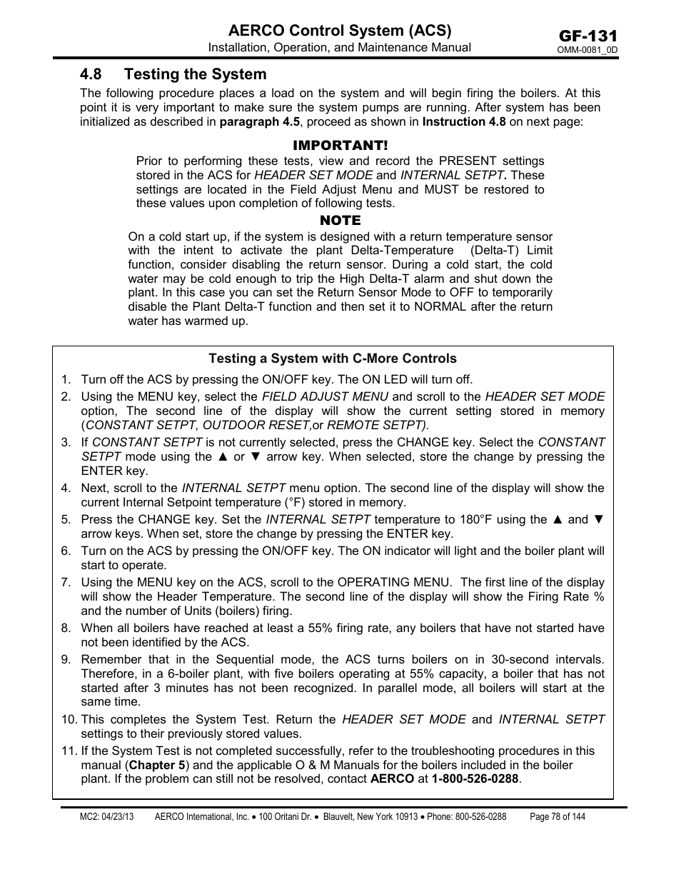 8 testing the system, Gf-131 aerco control system (acs) | AERCO Control System (ACS) User Manual | Page 78 / 144