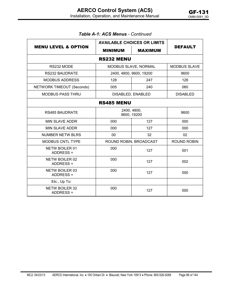 Gf-131 aerco control system (acs) | AERCO Control System (ACS) User Manual | Page 86 / 144