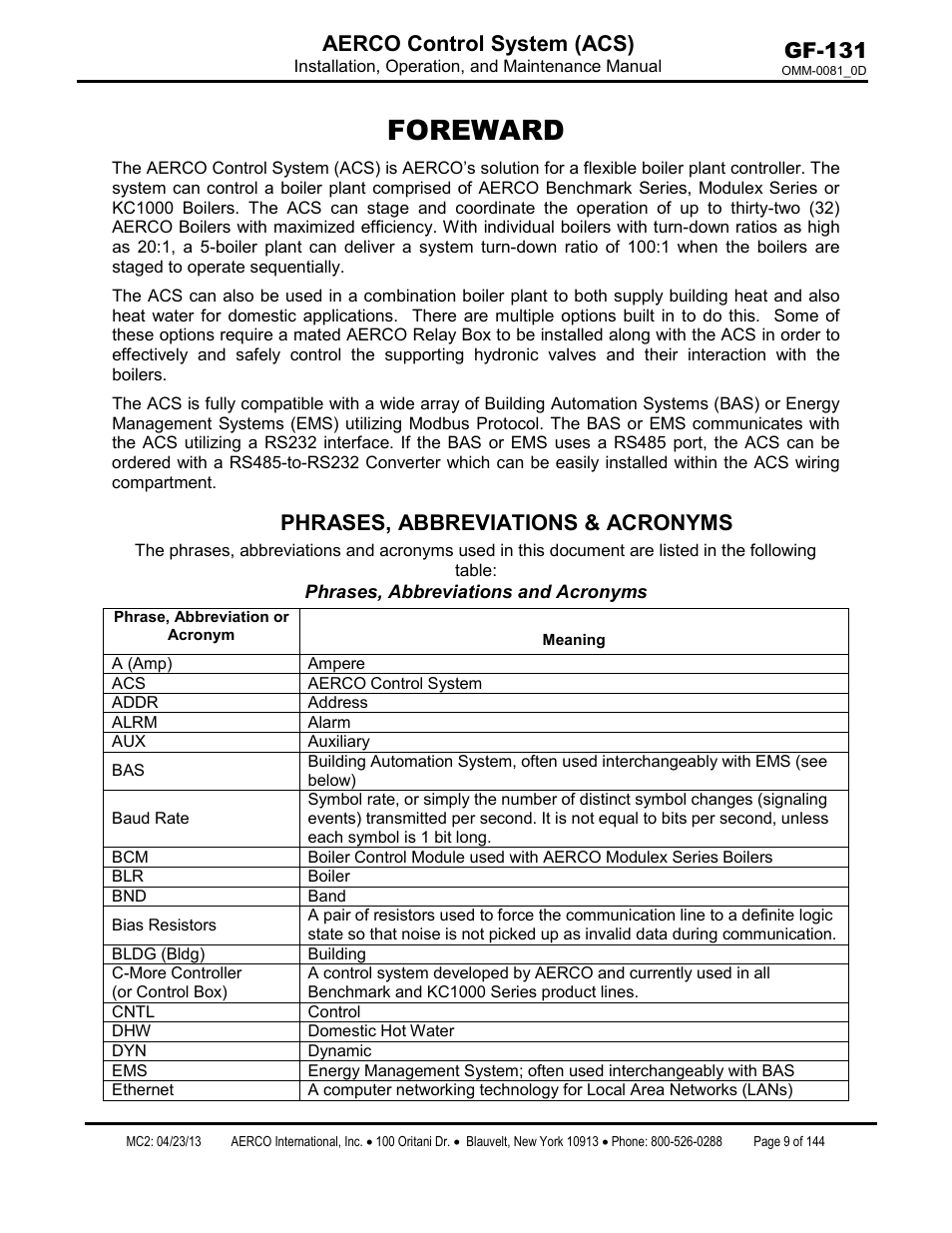 Foreward, Phrases, abbreviations & acronyms, Gf-131 aerco control system (acs) | AERCO Control System (ACS) User Manual | Page 9 / 144