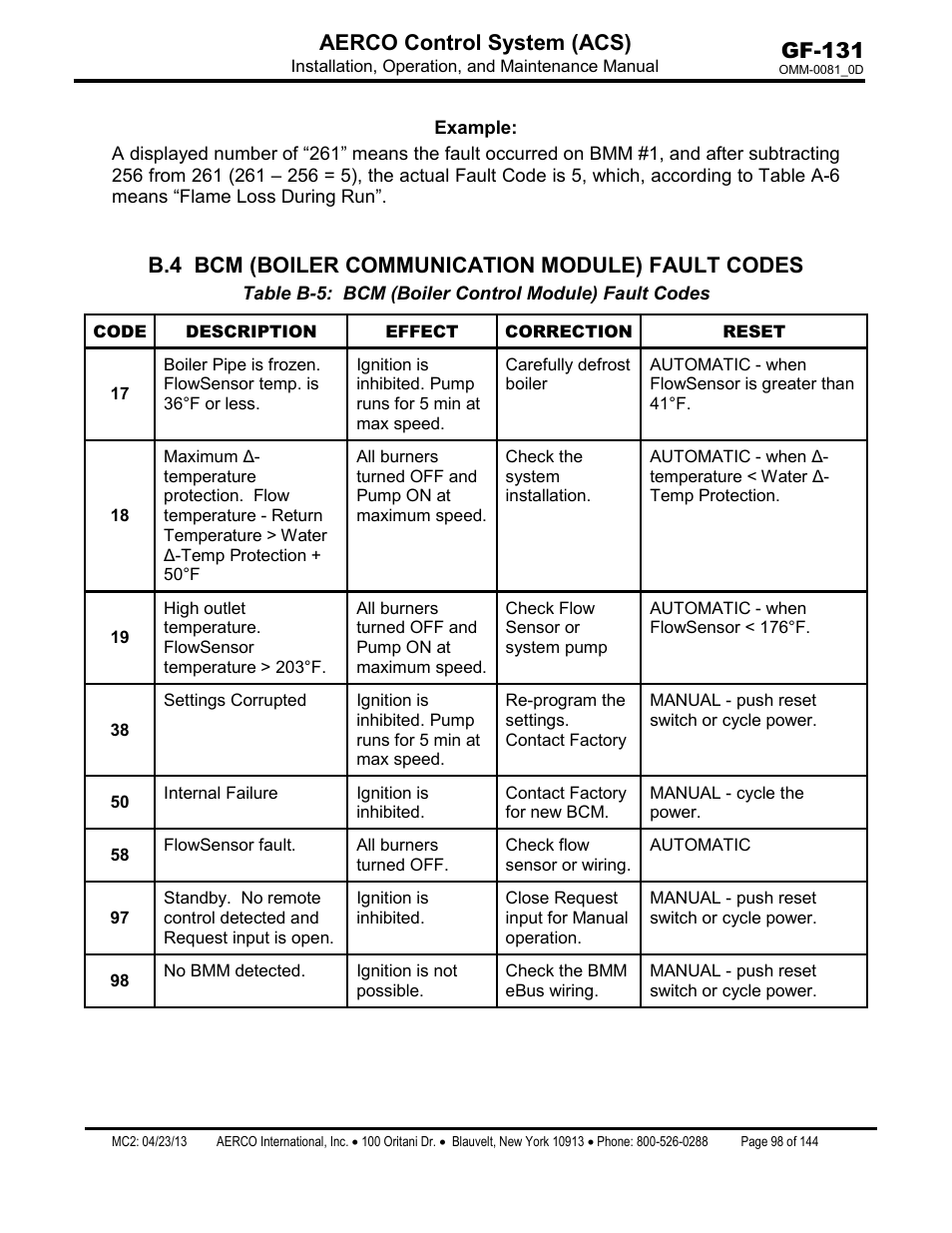 B.4 bcm (boiler communication module) fault codes, Gf-131 aerco control system (acs) | AERCO Control System (ACS) User Manual | Page 98 / 144