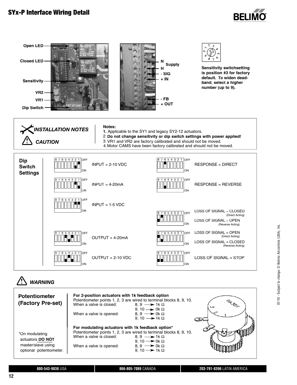 Syx-p interface wiring detail, Potentiometer (factory pre-set), Dip switch settings | Warning | AERCO Belimo F7...HD/HDU Series Valve User Manual | Page 12 / 44
