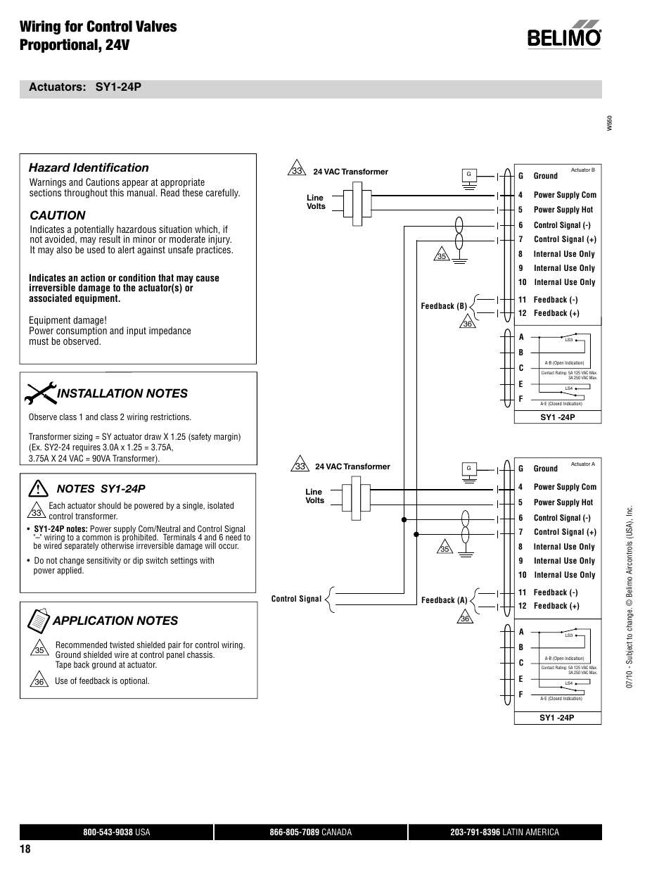 Wiring for control valves proportional, 24v, Caution, Hazard identification | Actuators: sy1-24p | AERCO Belimo F7...HD/HDU Series Valve User Manual | Page 18 / 44