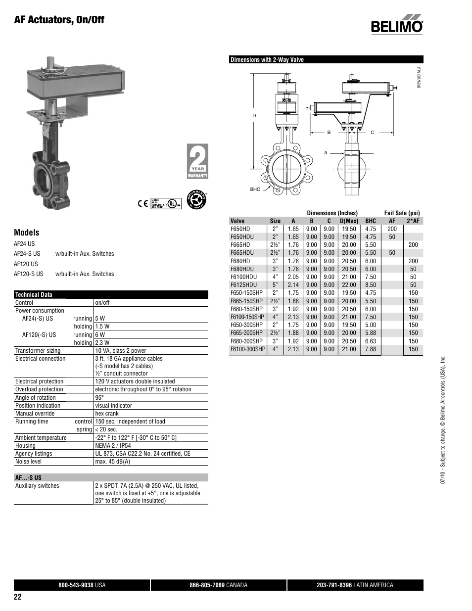 Af actuators, on/off, Models | AERCO Belimo F7...HD/HDU Series Valve User Manual | Page 22 / 44