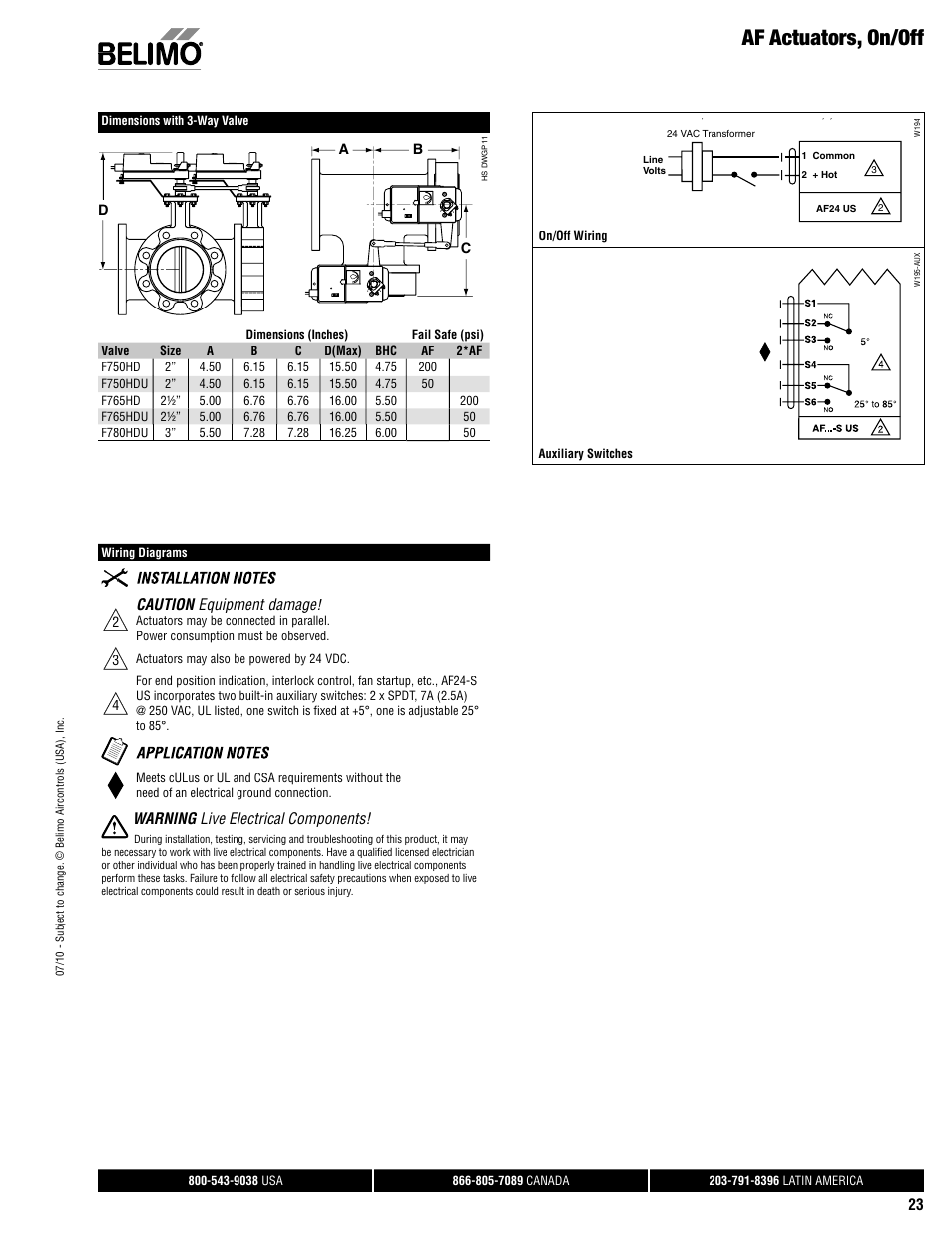 Af actuators, on/off, Caution equipment damage, Warning live electrical components | AERCO Belimo F7...HD/HDU Series Valve User Manual | Page 23 / 44
