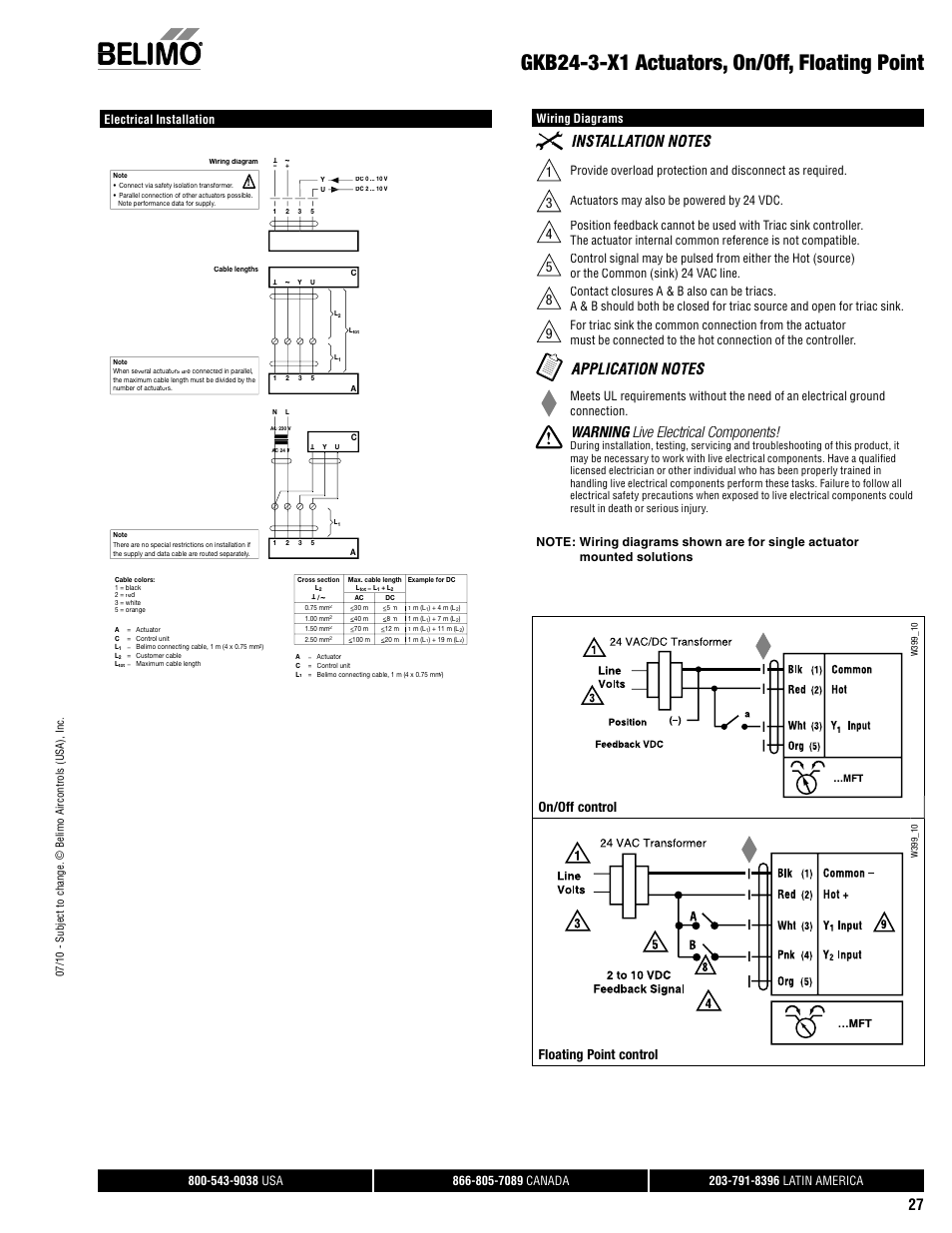Gkb24-3-x1 actuators, on/off, floating point, Warning live electrical components! g, On/off control off l | Floating point control, Wiring diagrams, Actuators may also be powered by 24 vdc | AERCO Belimo F7...HD/HDU Series Valve User Manual | Page 27 / 44
