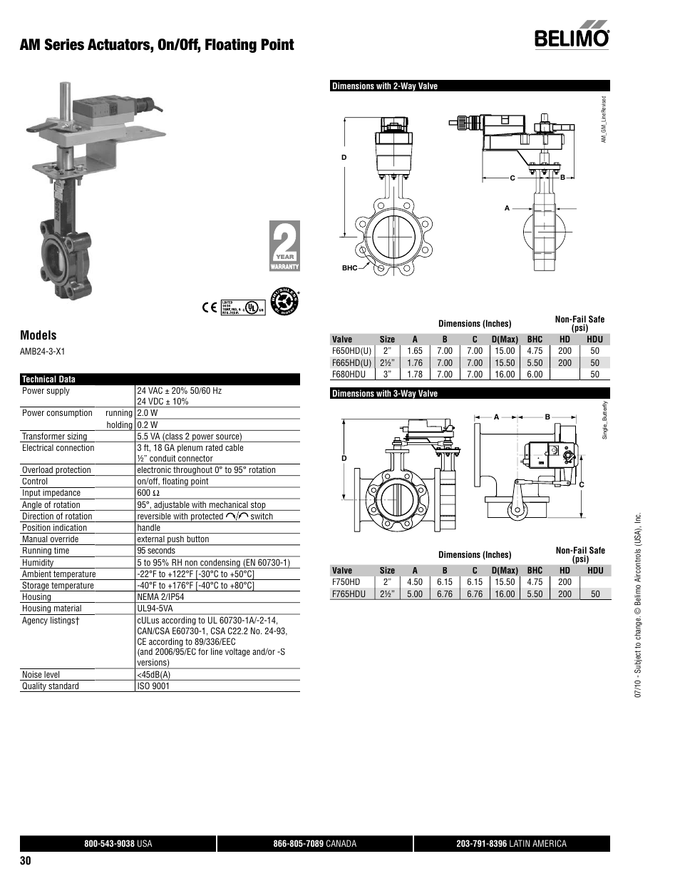 Am series actuators, on/off, floating point, Models | AERCO Belimo F7...HD/HDU Series Valve User Manual | Page 30 / 44