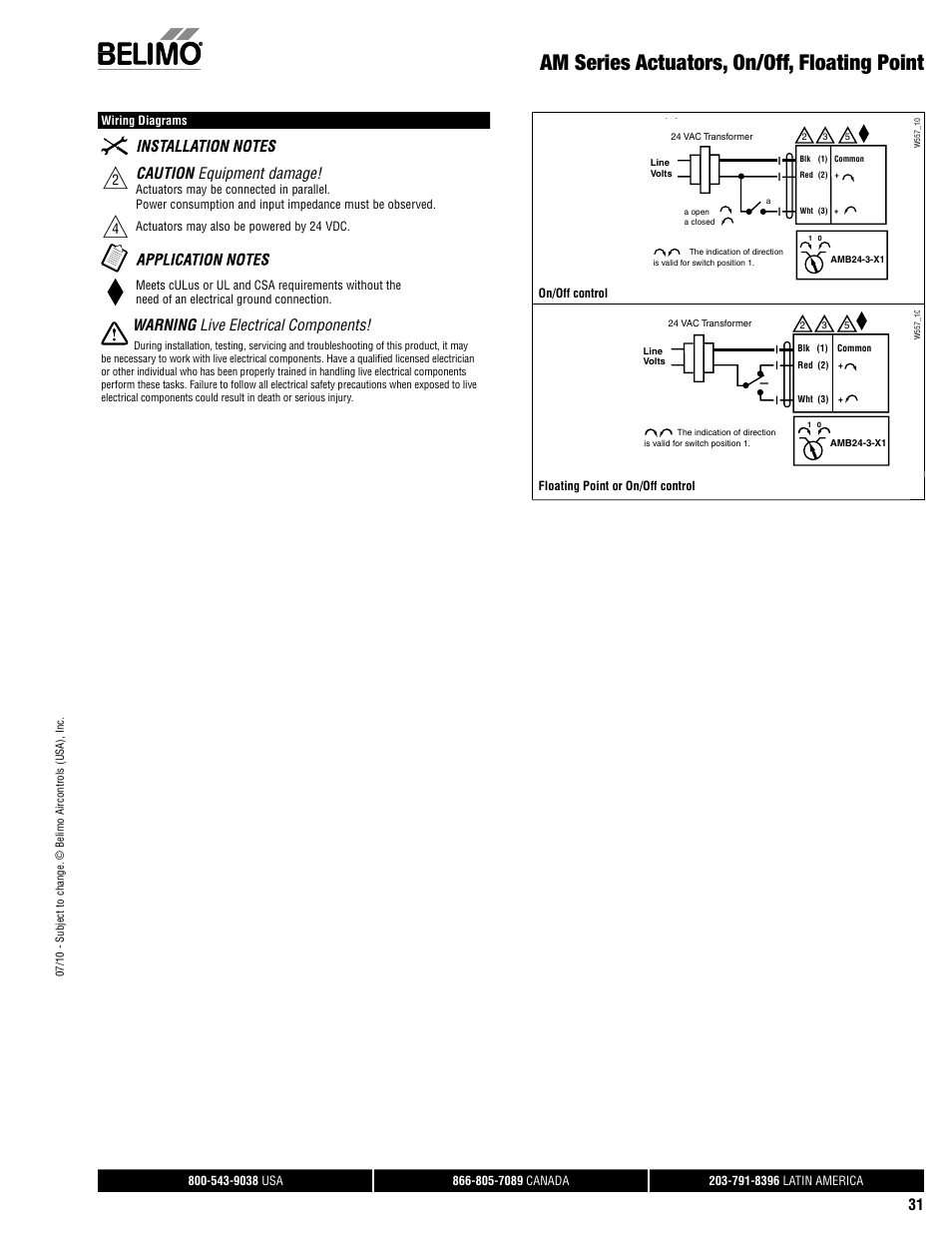 Am series actuators, on/off, floating point, Caution equipment damage, Warning live electrical components | AERCO Belimo F7...HD/HDU Series Valve User Manual | Page 31 / 44