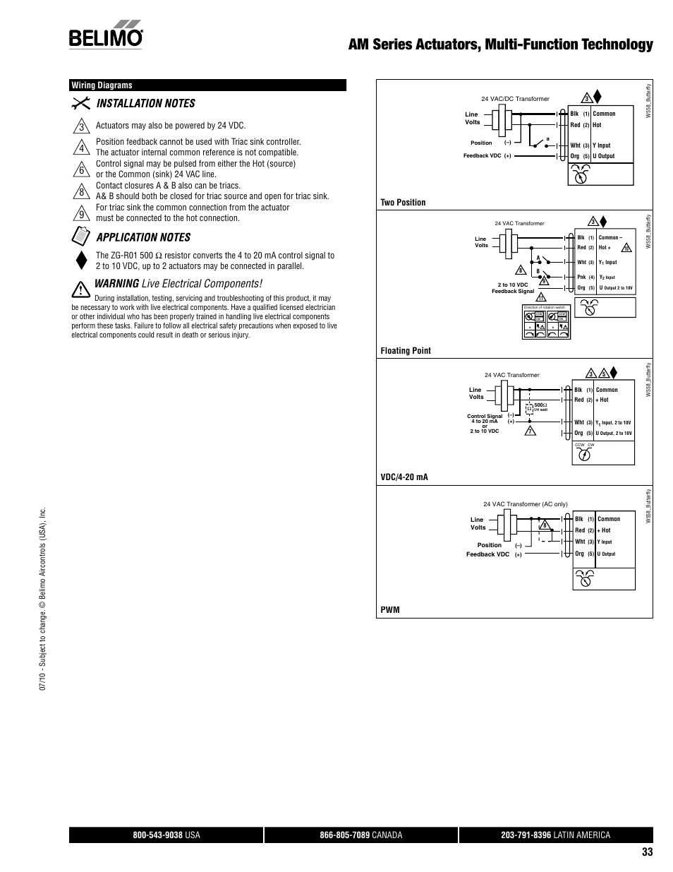 Am series actuators, multi-function technology, Warning live electrical components, Wiring diagrams | Actuators may also be powered by 24 vdc, Two position, Floating point, Vdc/4-20 ma | AERCO Belimo F7...HD/HDU Series Valve User Manual | Page 33 / 44