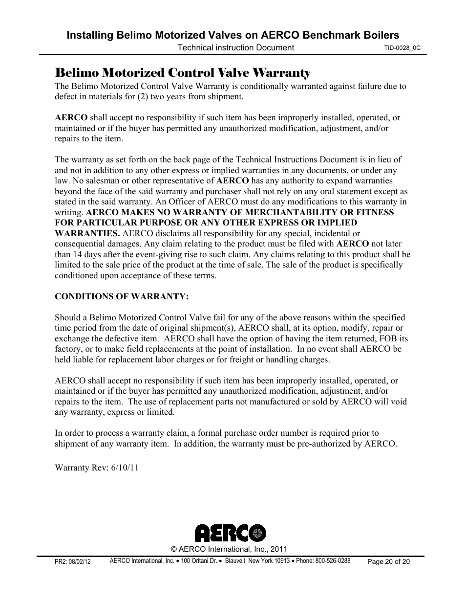 Belimo motorized control valve warranty | AERCO Belimo Motorized Valves Installation User Manual | Page 20 / 20