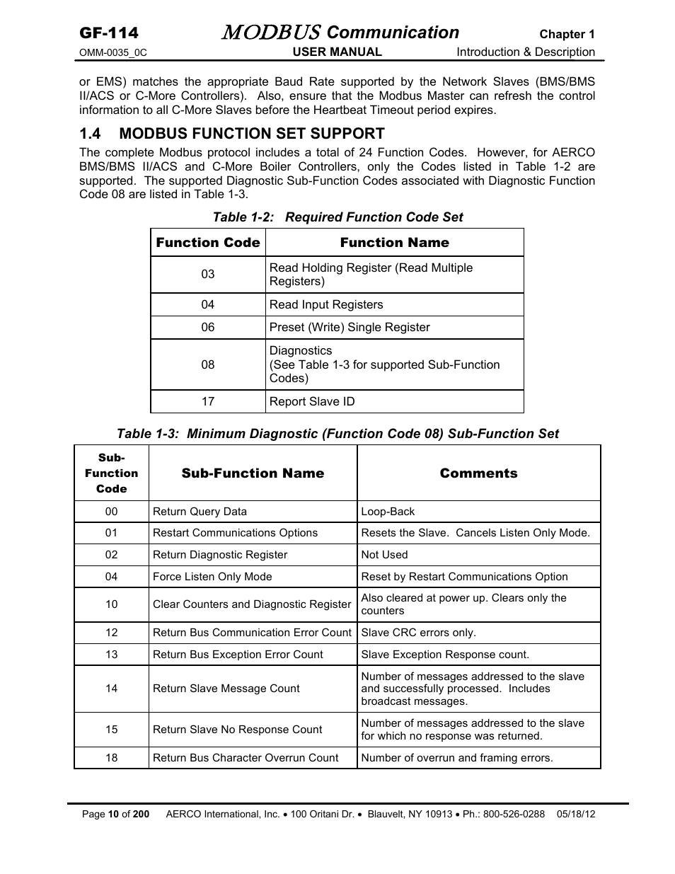4 modbus function set support, Modbus, Communication | Gf-114 | AERCO Modbus Communications Manual User Manual | Page 10 / 100