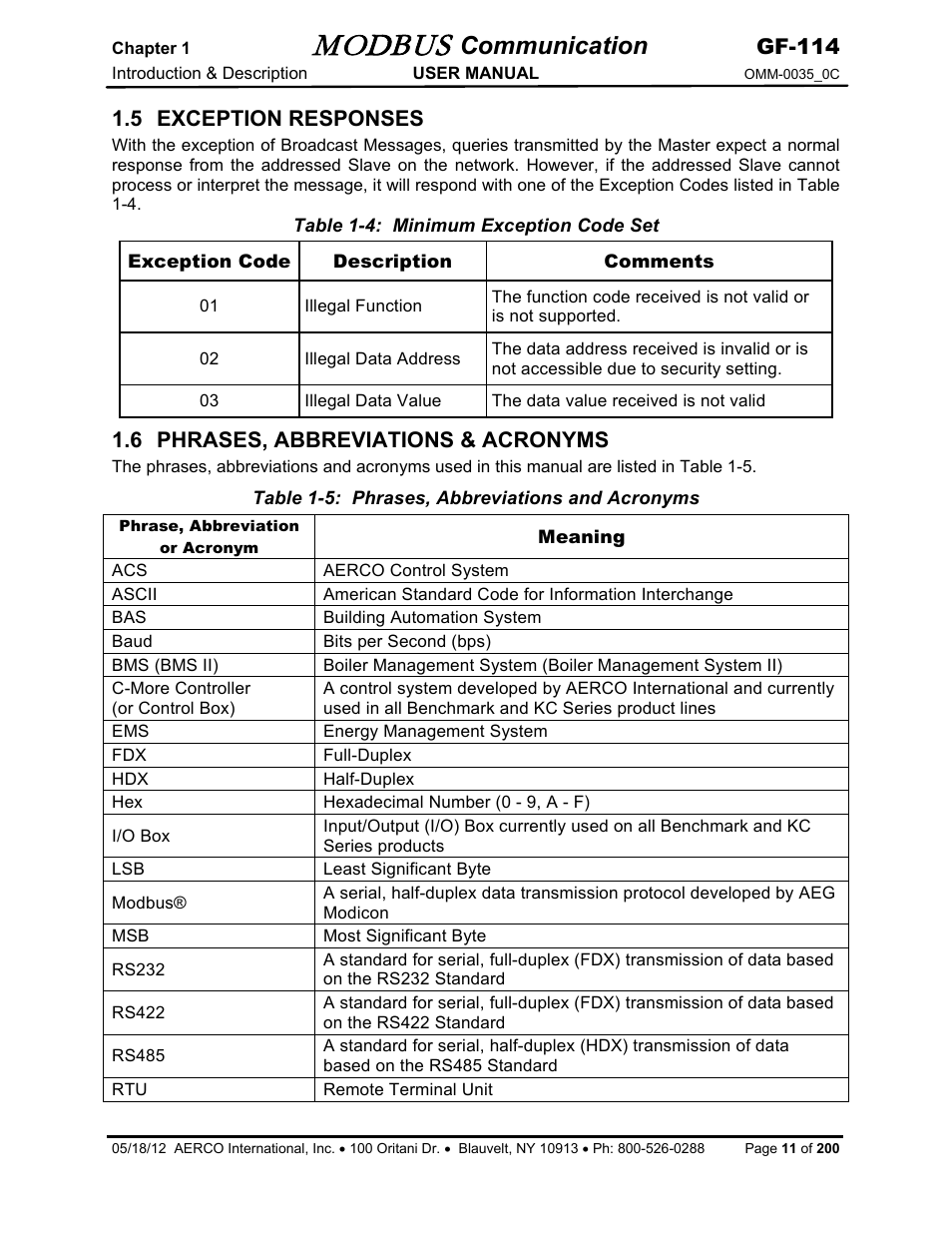 5 exception responses, 6 phrases, abbreviations & acronyms, Modbus | Communication, Gf-114 | AERCO Modbus Communications Manual User Manual | Page 11 / 100