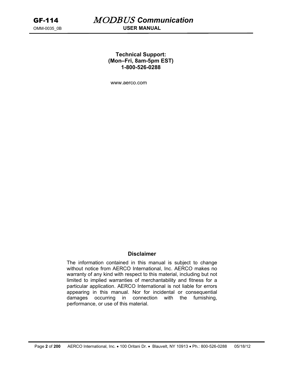 Modbus, Communication | AERCO Modbus Communications Manual User Manual | Page 2 / 100