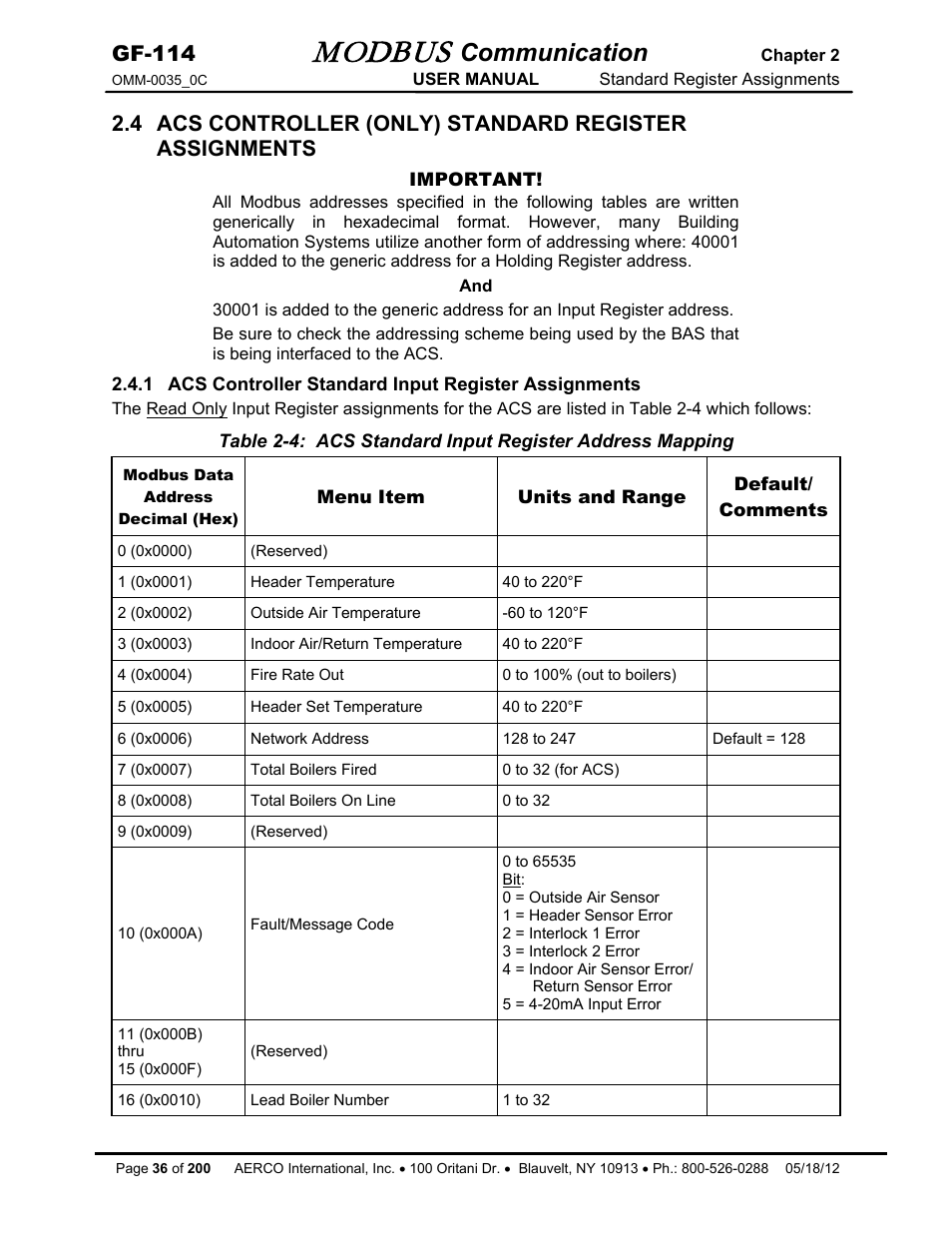 Modbus, Communication, Gf-114 | AERCO Modbus Communications Manual User Manual | Page 36 / 100