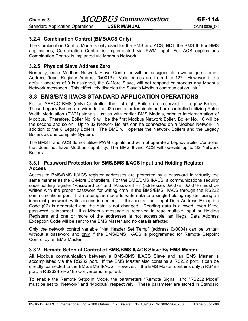 4 combination control (bms/acs only), 5 physical slave address zero, 3 bms/bms ii/acs standard application operations | Modbus, Communication, Gf-114 | AERCO Modbus Communications Manual User Manual | Page 55 / 100