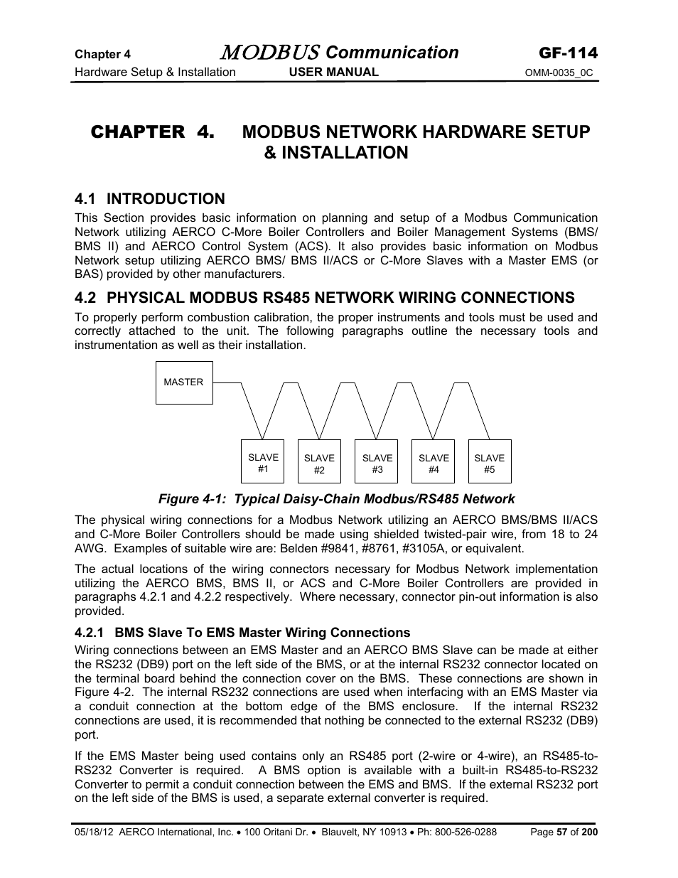 1 introduction, 2 physical modbus rs485 network wiring connections, 1 bms slave to ems master wiring connections | Modbus, Communication, Gf-114 | AERCO Modbus Communications Manual User Manual | Page 57 / 100