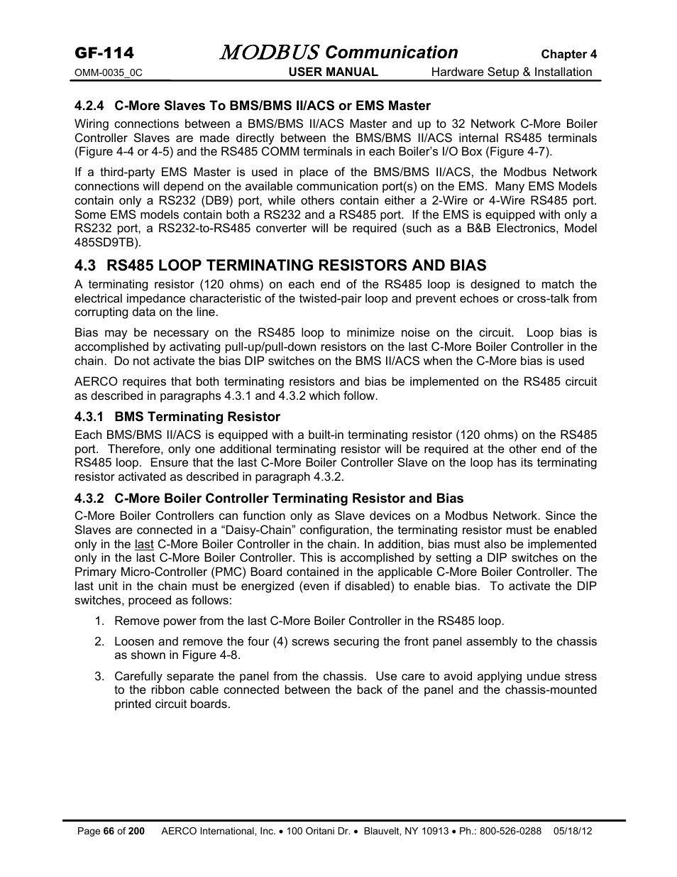 4 c-more slaves to bms/bms ii/acs or ems master, 3 rs485 loop terminating resistors and bias, 1 bms terminating resistor | Modbus, Communication, Gf-114 | AERCO Modbus Communications Manual User Manual | Page 66 / 100