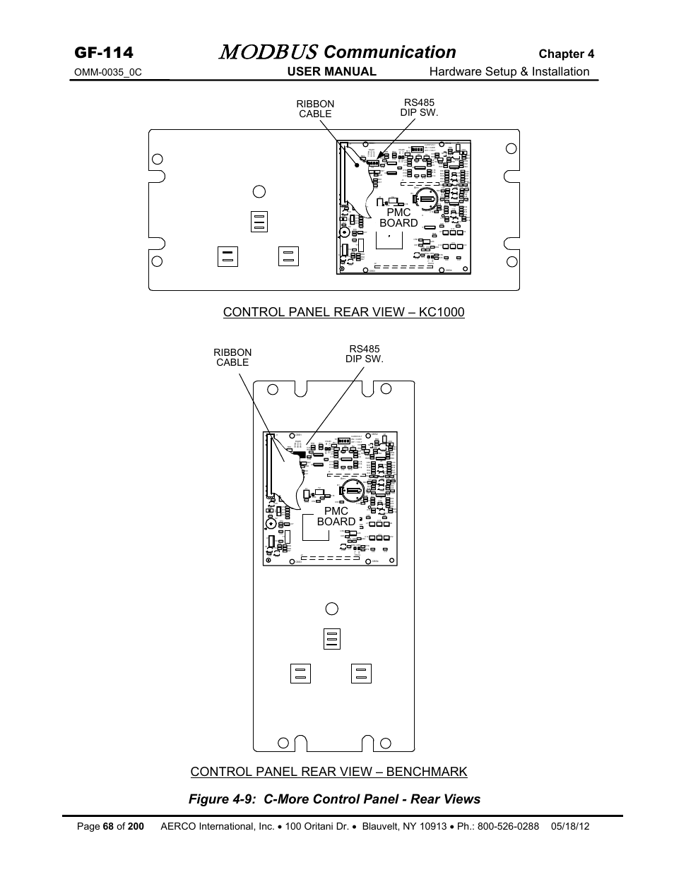 Modbus, Communication, Gf-114 | Figure 4-9: c-more control panel - rear views, Chapter 4, User manual hardware setup & installation, Control panel rear view – kc1000, Control panel rear view – benchmark, Pmc board pmc board, Ribbon cable rs485 dip sw | AERCO Modbus Communications Manual User Manual | Page 68 / 100