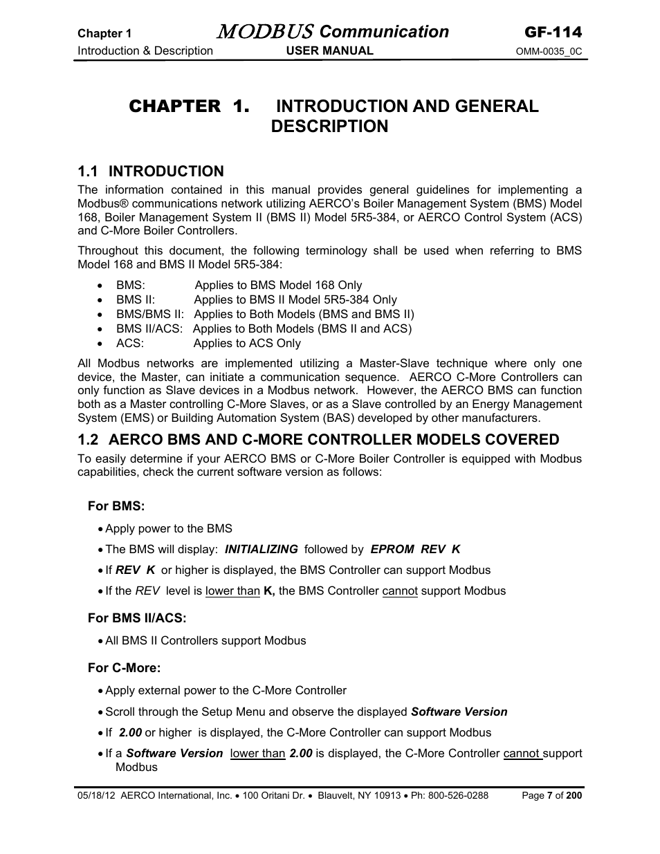 Chapter 1. introduction and general description, 1 introduction, 2 aerco bms and c-more controller models covered | Modbus, Communication, Gf-114 | AERCO Modbus Communications Manual User Manual | Page 7 / 100