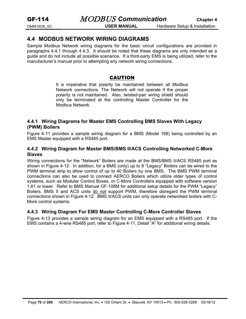 4 modbus network wiring diagrams, Modbus, Communication | Gf-114 | AERCO Modbus Communications Manual User Manual | Page 70 / 100