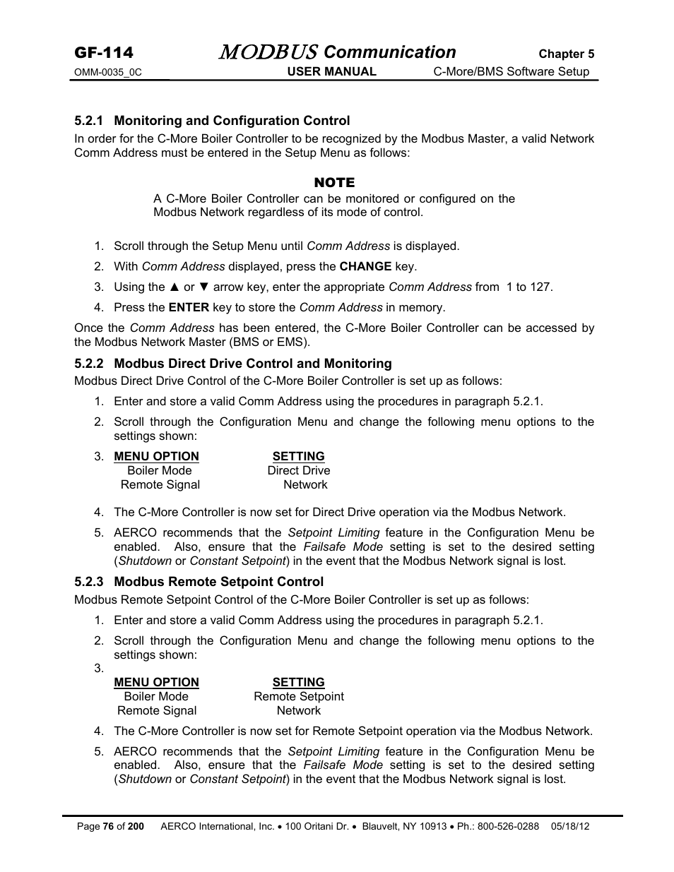 1 monitoring and configuration control, 2 modbus direct drive control and monitoring, 3 modbus remote setpoint control | Modbus, Communication, Gf-114 | AERCO Modbus Communications Manual User Manual | Page 76 / 100