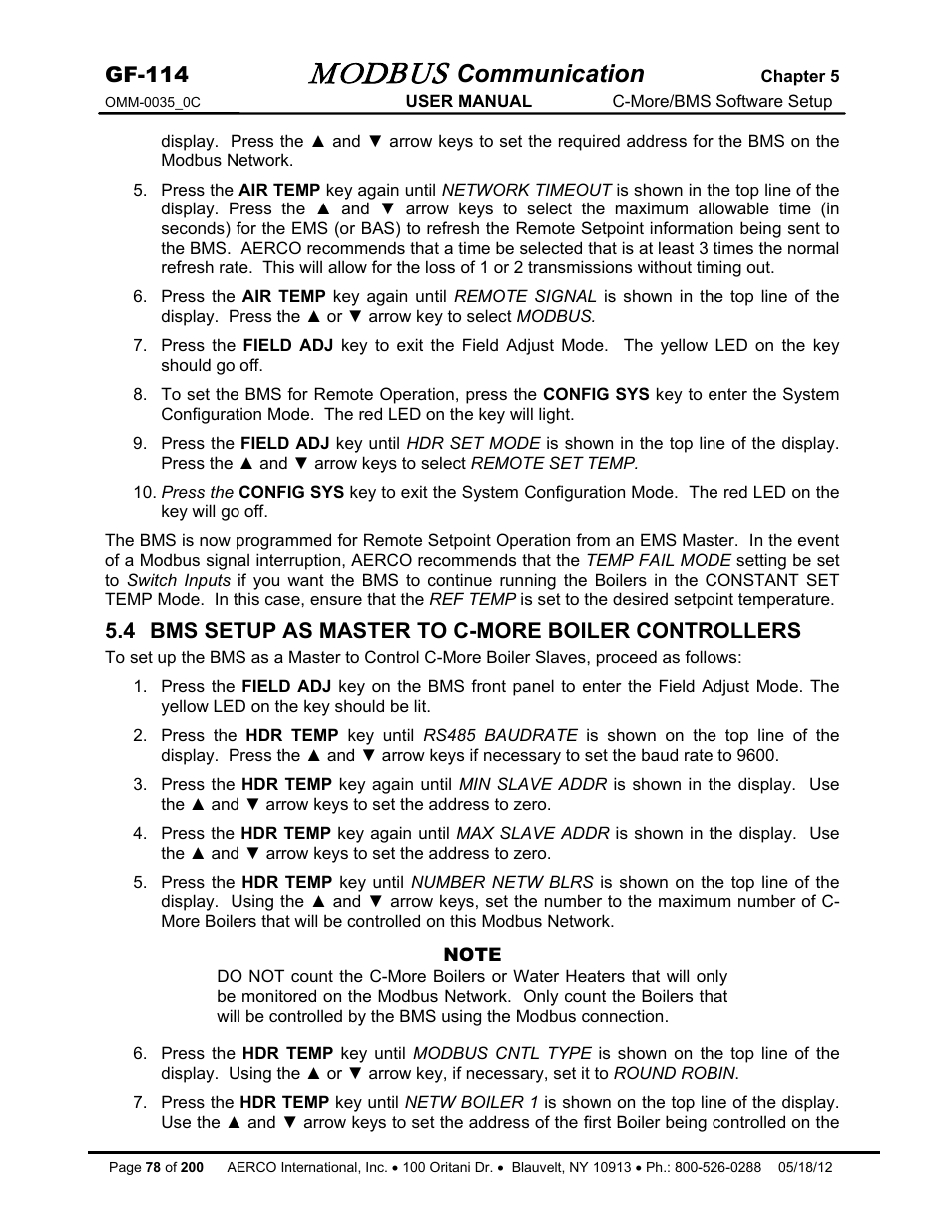 4 bms setup as master to c-more boiler controllers, Modbus, Communication | Gf-114 | AERCO Modbus Communications Manual User Manual | Page 78 / 100