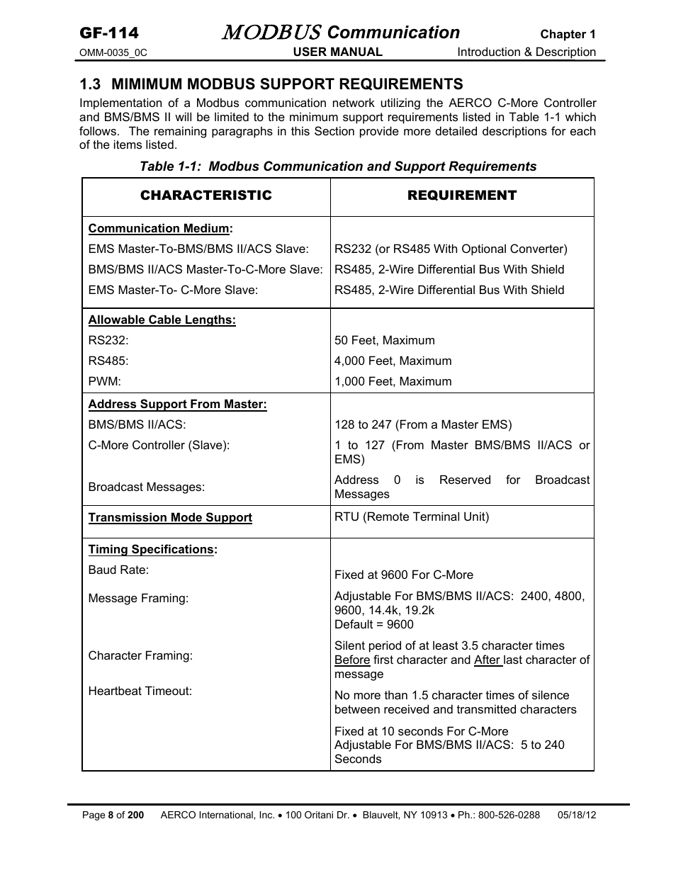 3 mimimum modbus support requirements, Modbus, Communication | Gf-114 | AERCO Modbus Communications Manual User Manual | Page 8 / 100