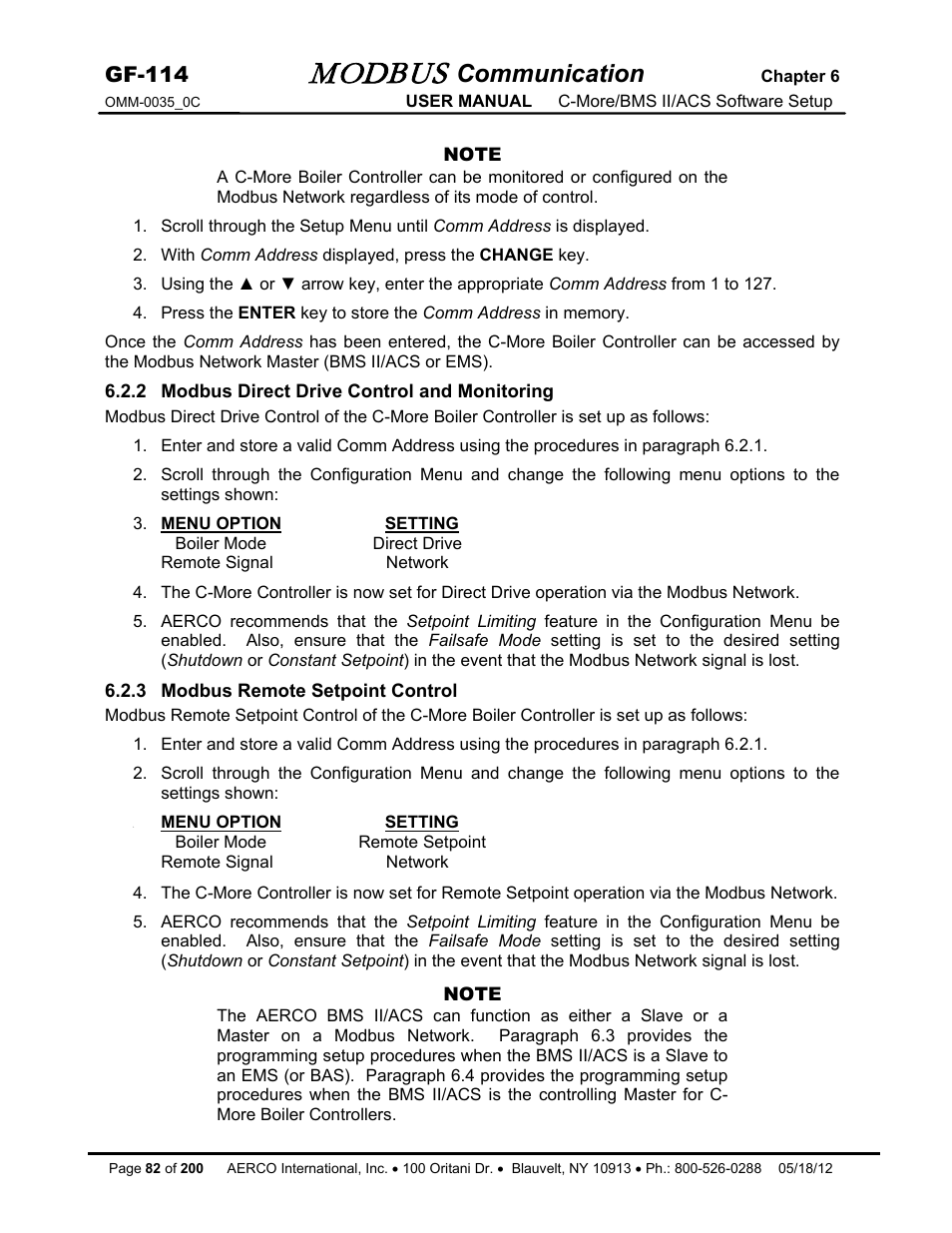 2 modbus direct drive control and monitoring, 3 modbus remote setpoint control, Modbus | Communication, Gf-114 | AERCO Modbus Communications Manual User Manual | Page 82 / 100