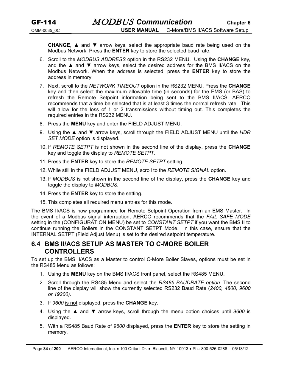 Modbus, Communication, Gf-114 | AERCO Modbus Communications Manual User Manual | Page 84 / 100