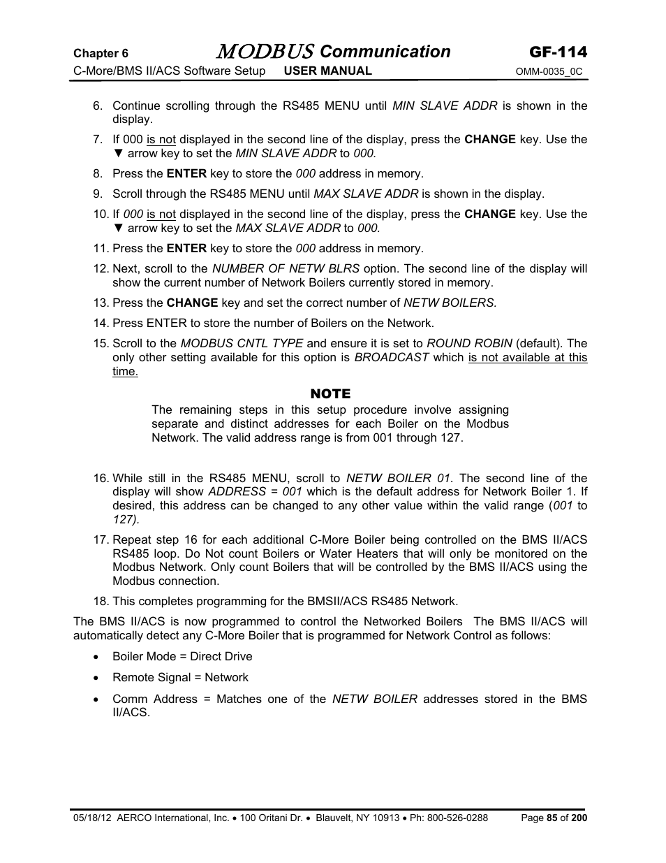 Modbus, Communication, Gf-114 | AERCO Modbus Communications Manual User Manual | Page 85 / 100