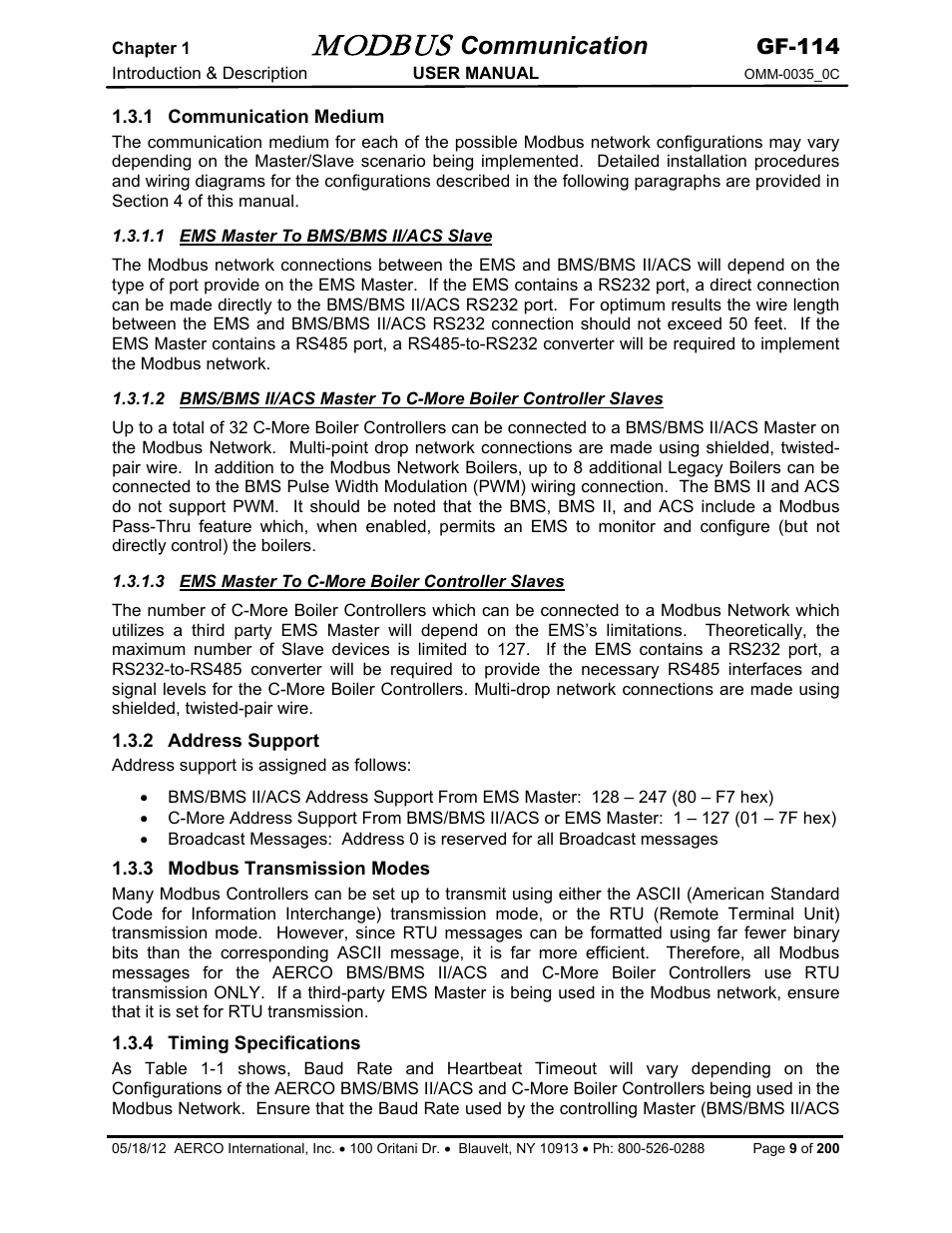 1 communication medium, 1 ems master to bms/bms ii/acs slave, 3 ems master to c-more boiler controller slaves | 2 address support, 3 modbus transmission modes, 4 timing specifications, Modbus, Communication, Gf-114 | AERCO Modbus Communications Manual User Manual | Page 9 / 100