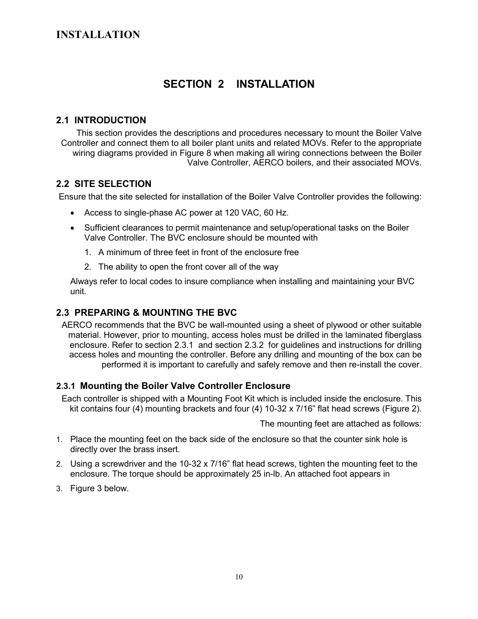 Section 2 1binstallation, 1 8bintroduction, 2 9bsite selection | 3 10bpreparing & mounting the bvc, Installation | AERCO Boiler Valve Controller (BVC) PRIOR to Serial-12-840-1 User Manual | Page 10 / 35