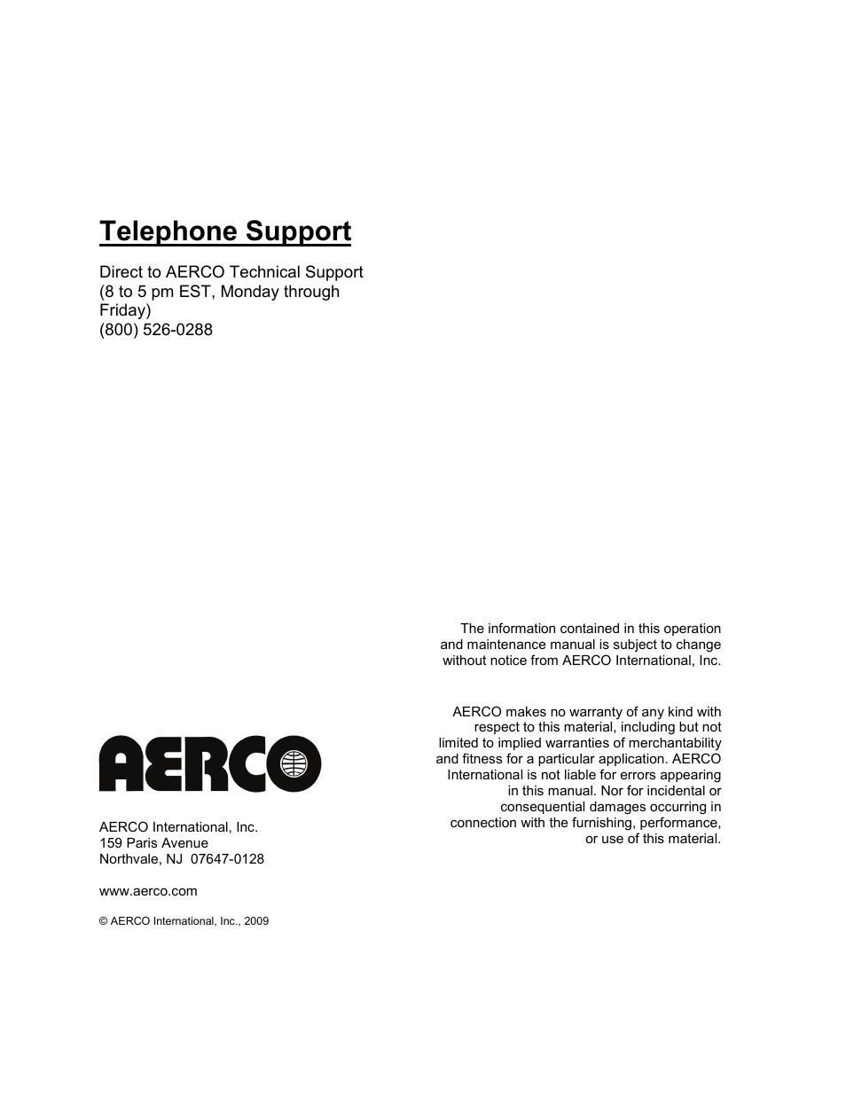 Telephone support | AERCO Boiler Valve Controller (BVC) PRIOR to Serial-12-840-1 User Manual | Page 2 / 35