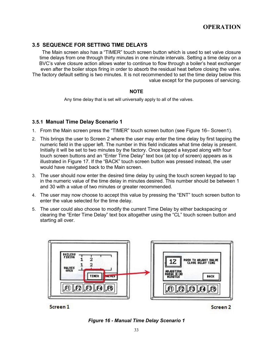 5 sequence for setting time delays, 1 manual time delay scenario 1, Operation | AERCO Boiler Valve Controller (BVC) PRIOR to Serial-12-840-1 User Manual | Page 33 / 35