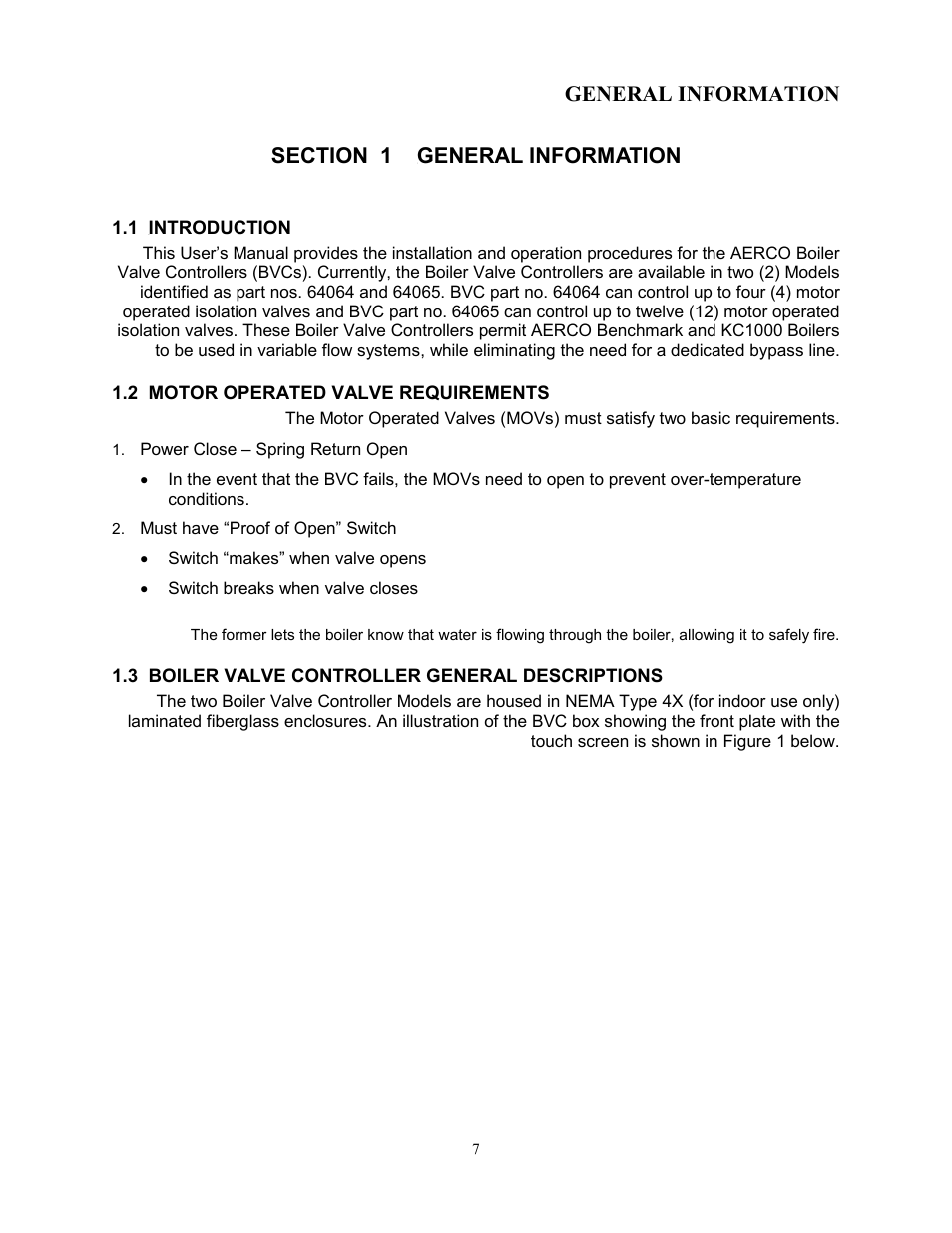 Section 1 0bgeneral information, 1 4bintroduction, 2 motor operated valve requirements | 3 boiler valve controller general descriptions, General information | AERCO Boiler Valve Controller (BVC) PRIOR to Serial-12-840-1 User Manual | Page 7 / 35