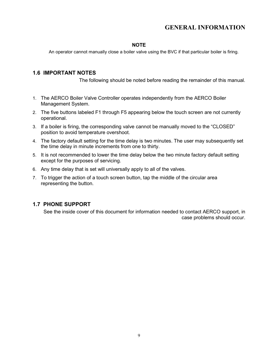 6 important notes, 7 phone support, General information | AERCO Boiler Valve Controller (BVC) PRIOR to Serial-12-840-1 User Manual | Page 9 / 35