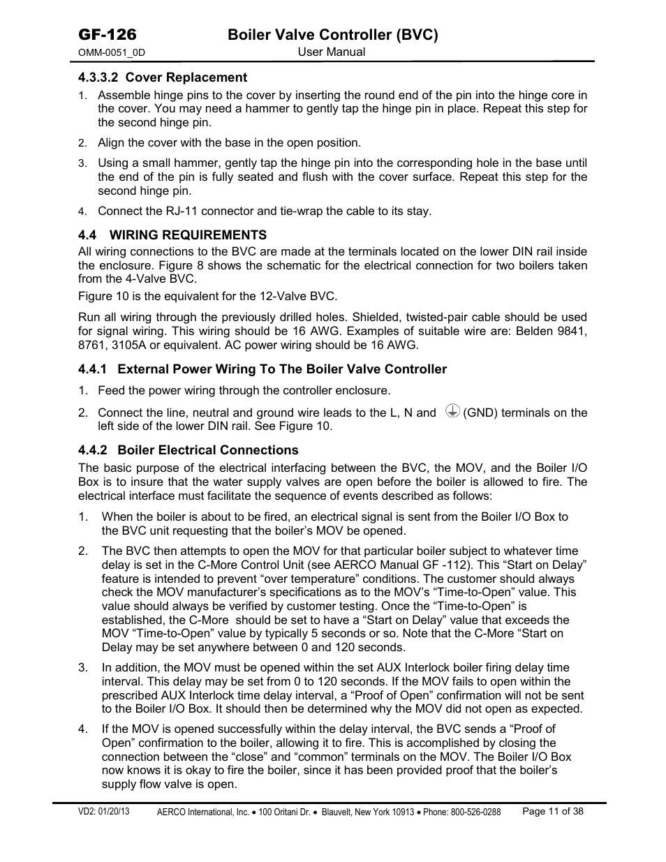 2 cover replacement, 4 wiring requirements, 2 21bboiler electrical connections | Gf-126 boiler valve controller (bvc) | AERCO Boiler Valve Controller (BVC) User Manual | Page 11 / 38
