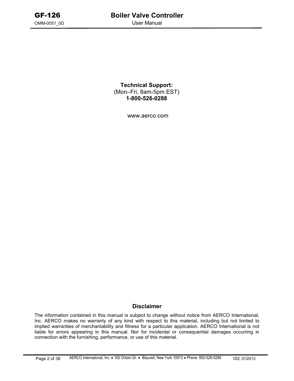 Gf-126 boiler valve controller | AERCO Boiler Valve Controller (BVC) User Manual | Page 2 / 38