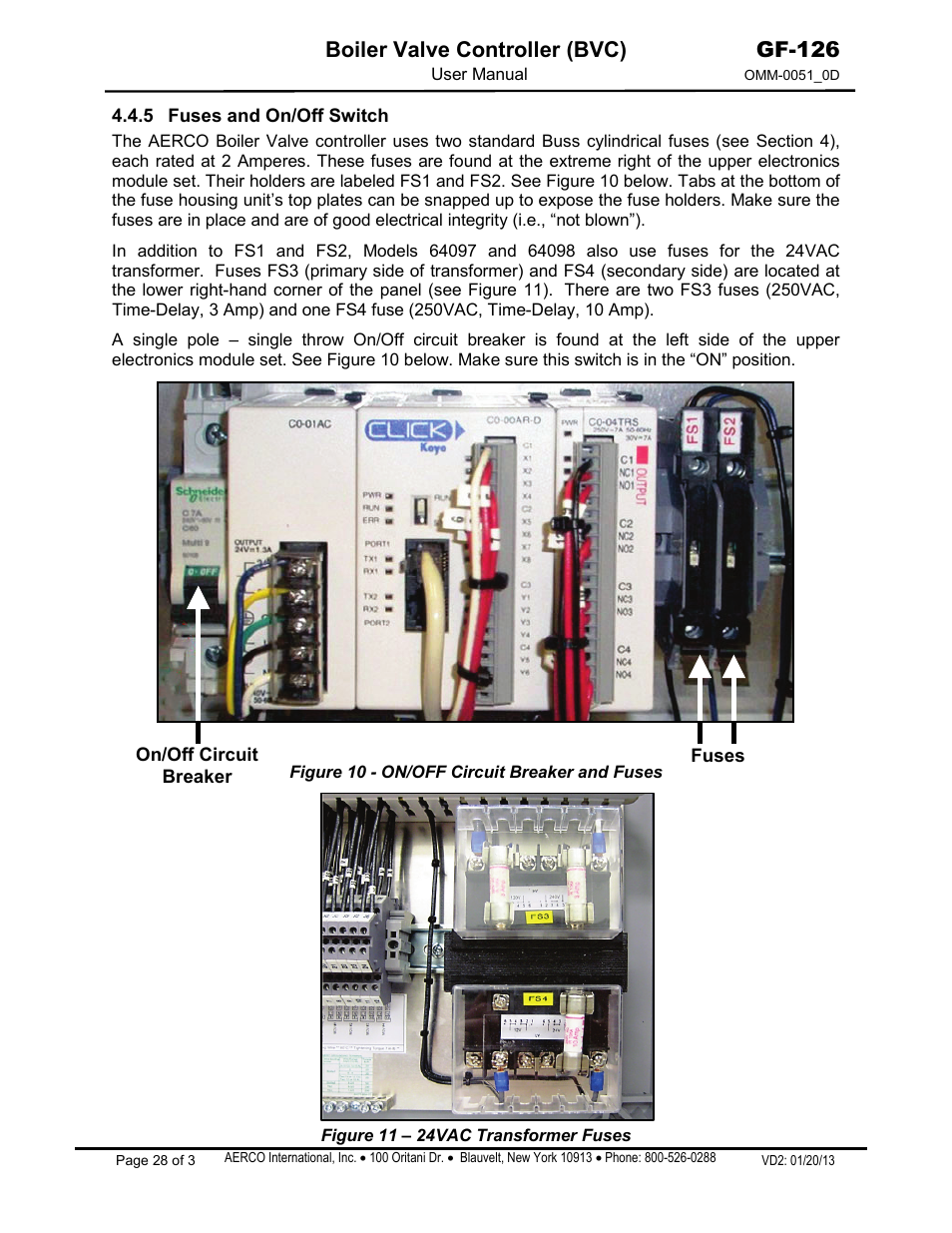 5 fuses and on/off switch, Boiler valve controller (bvc), Gf-126 | AERCO Boiler Valve Controller (BVC) User Manual | Page 28 / 38