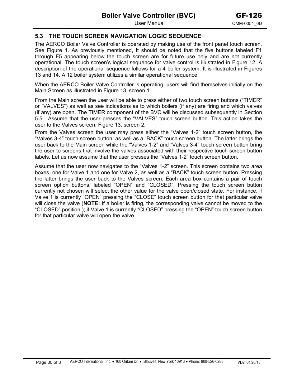 3 the touch screen navigation logic sequence, Boiler valve controller (bvc), Gf-126 | AERCO Boiler Valve Controller (BVC) User Manual | Page 30 / 38