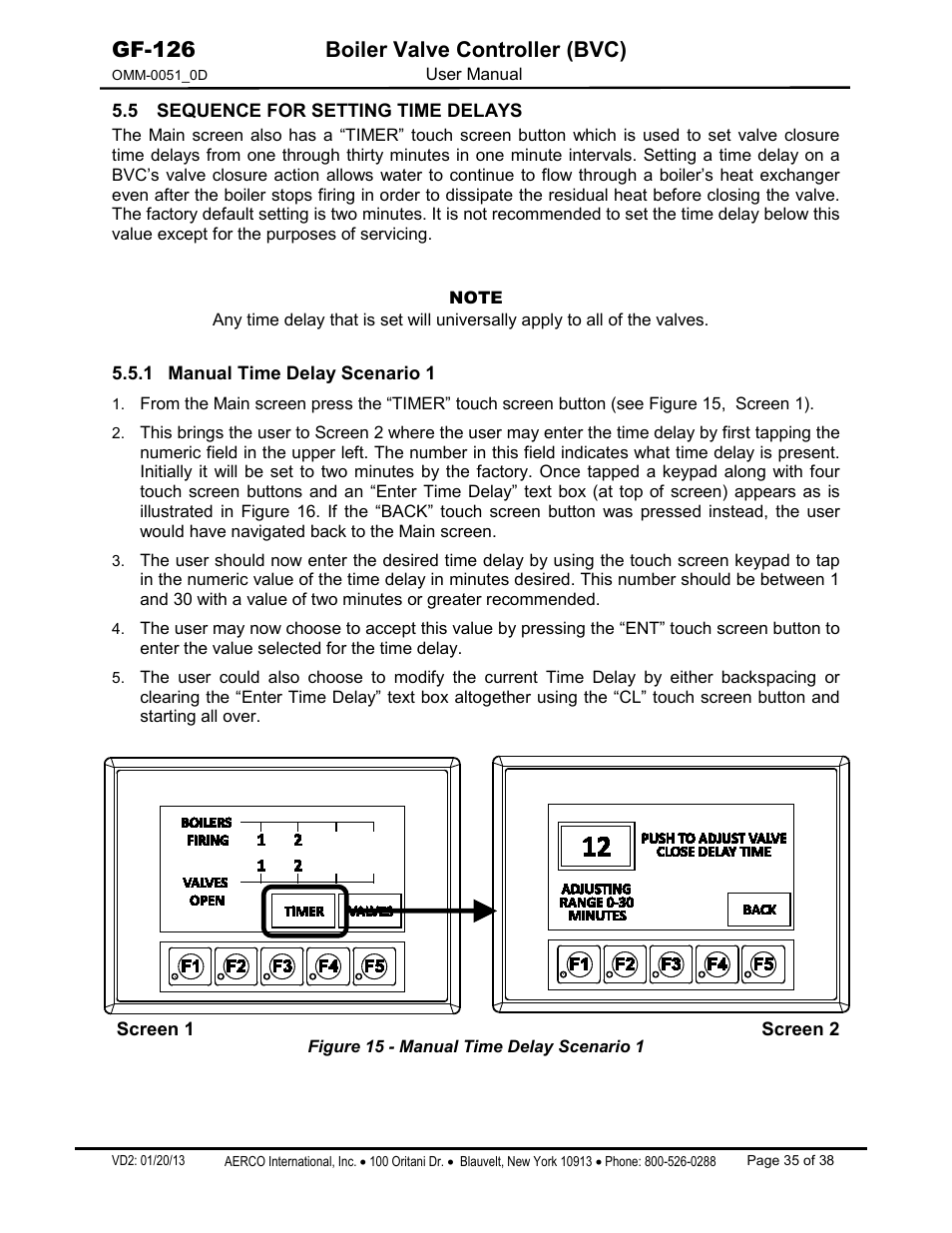 5 sequence for setting time delays, 1 manual time delay scenario 1, Gf-126 boiler valve controller (bvc) | AERCO Boiler Valve Controller (BVC) User Manual | Page 35 / 38
