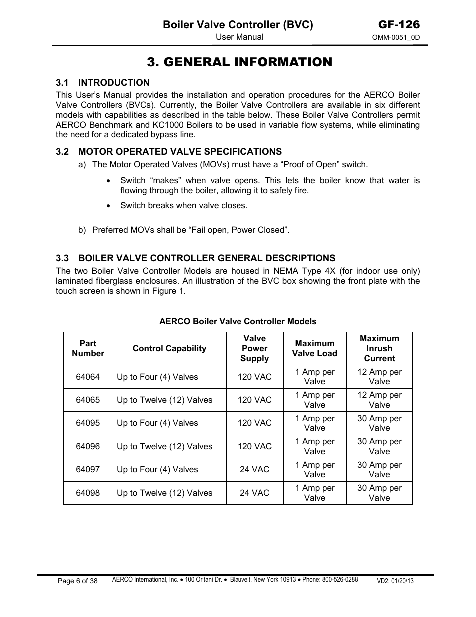 General information, 1 introduction, 2 motor operated valve specifications | 3 boiler valve controller general descriptions, Boiler valve controller (bvc), Gf-126 | AERCO Boiler Valve Controller (BVC) User Manual | Page 6 / 38