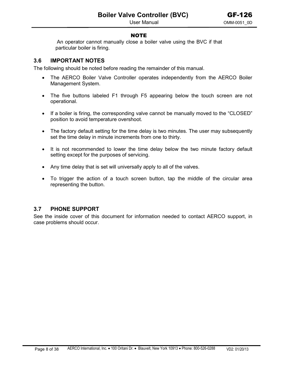 6 important notes, 7 phone support, Boiler valve controller (bvc) | Gf-126 | AERCO Boiler Valve Controller (BVC) User Manual | Page 8 / 38
