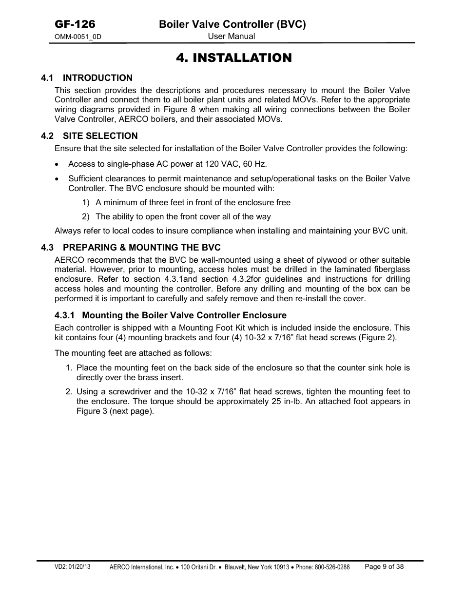 1binstallation, 1 8bintroduction, 2 9bsite selection | 3 10bpreparing & mounting the bvc, 1 mounting the boiler valve controller enclosure, Installation, Gf-126 boiler valve controller (bvc) | AERCO Boiler Valve Controller (BVC) User Manual | Page 9 / 38