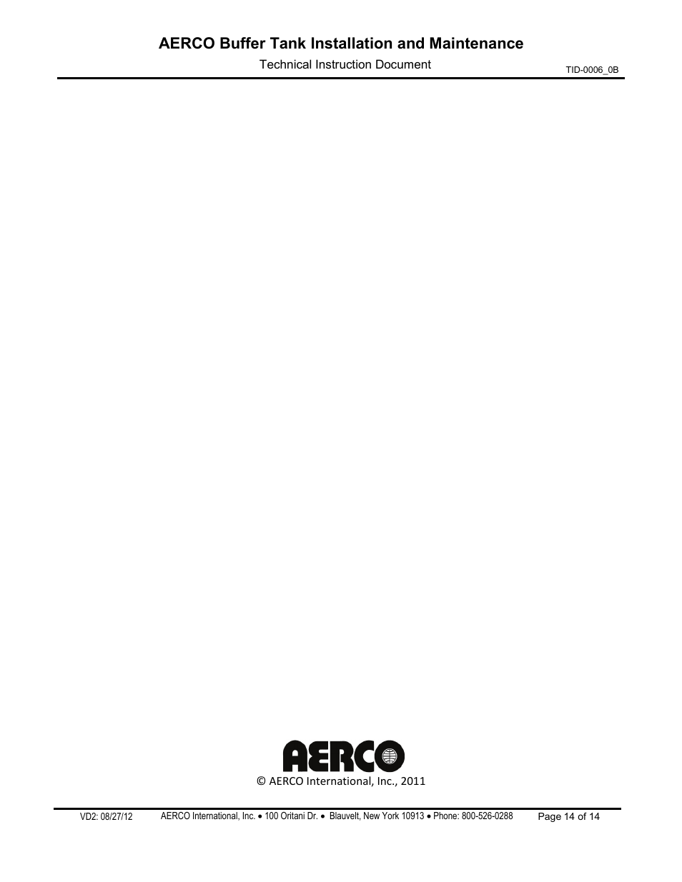 Aerco buffer tank installation and maintenance | AERCO Buffer Tanks User Manual | Page 14 / 14