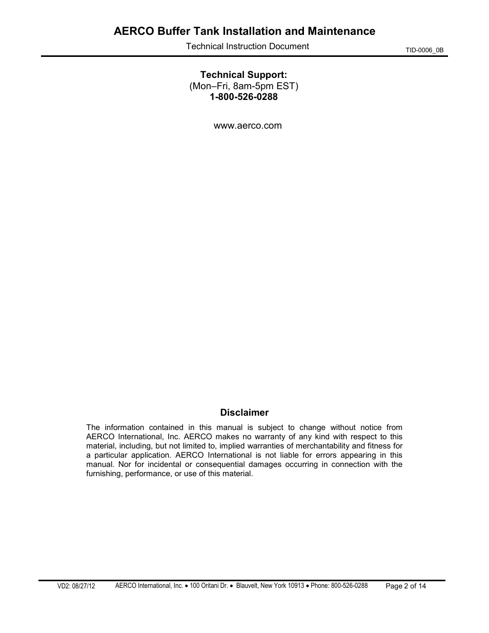 Aerco buffer tank installation and maintenance | AERCO Buffer Tanks User Manual | Page 2 / 14