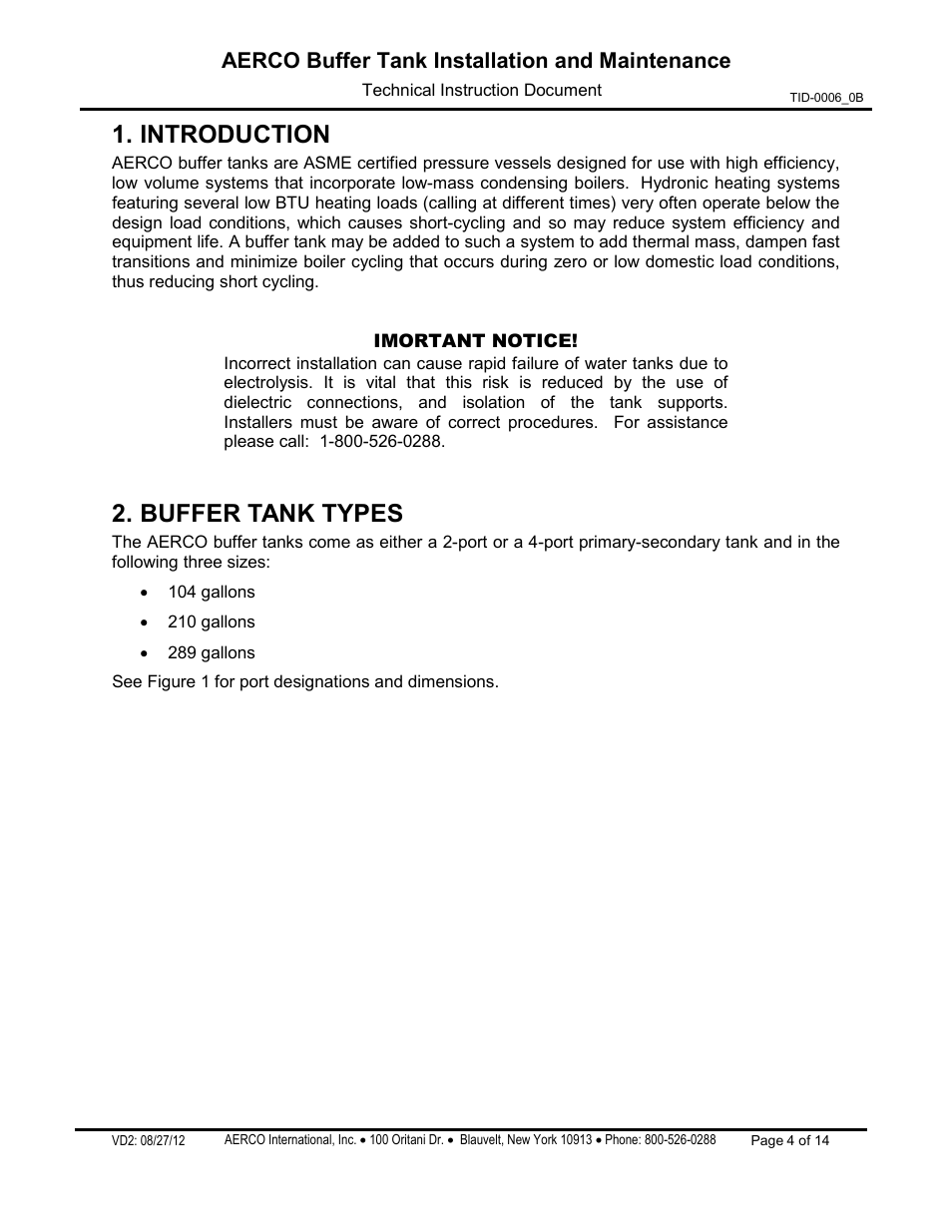 Introduction, Buffer tank types, Aerco buffer tank installation and maintenance | AERCO Buffer Tanks User Manual | Page 4 / 14