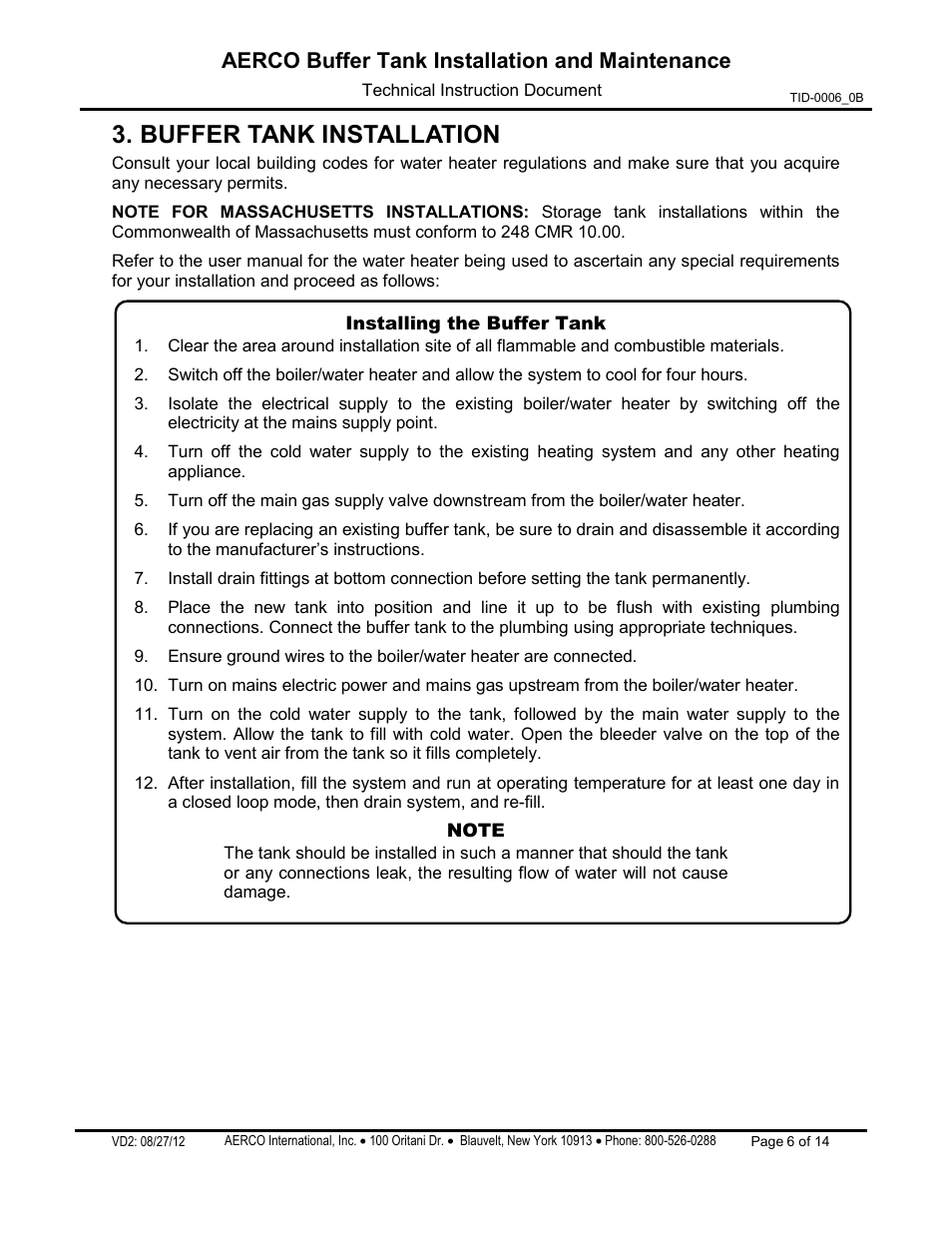 Buffer tank installation, Aerco buffer tank installation and maintenance | AERCO Buffer Tanks User Manual | Page 6 / 14