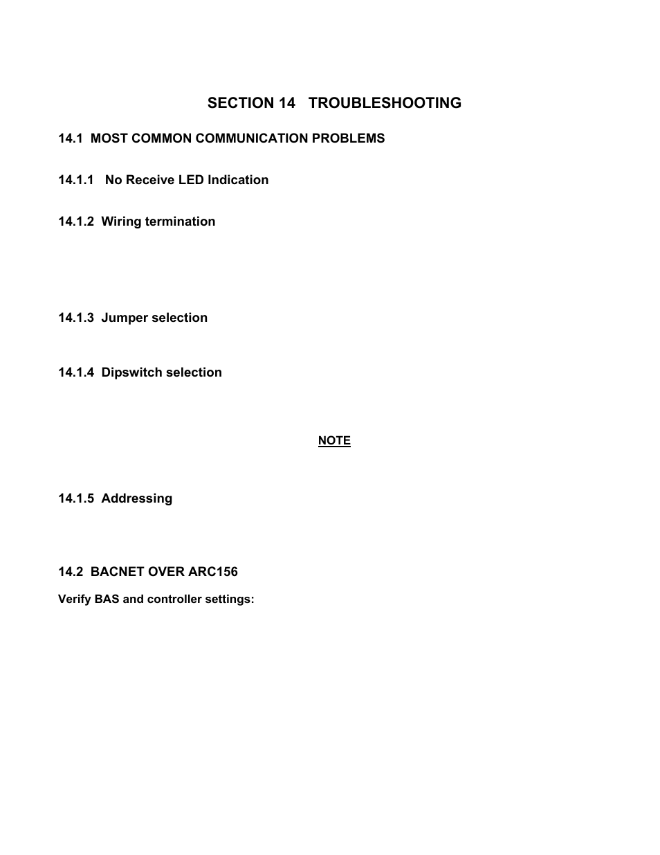 Section 14 troubleshooting, 1 most common communication problems, 1 no receive led indication | 2 wiring termination, 3 jumper selection, 4 dipswitch selection, 5 addressing, 2 bacnet over arc156, Gateway communications manual | AERCO XPC GATEWAY Communications User Manual | Page 88 / 193