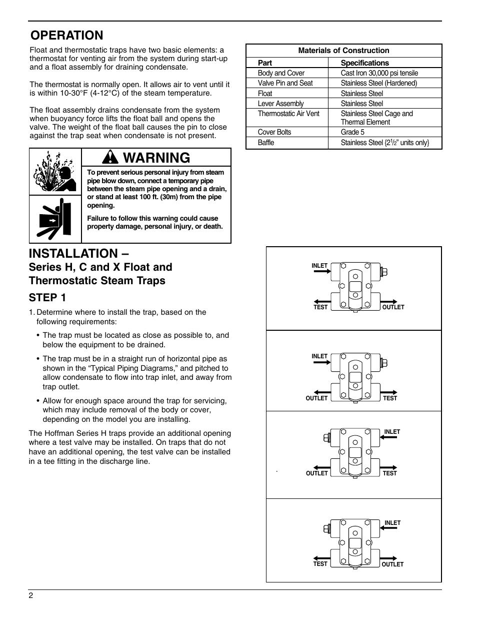 Warning, Operation, Installation | AERCO Float and Thermostatic Traps Series X User Manual | Page 2 / 6